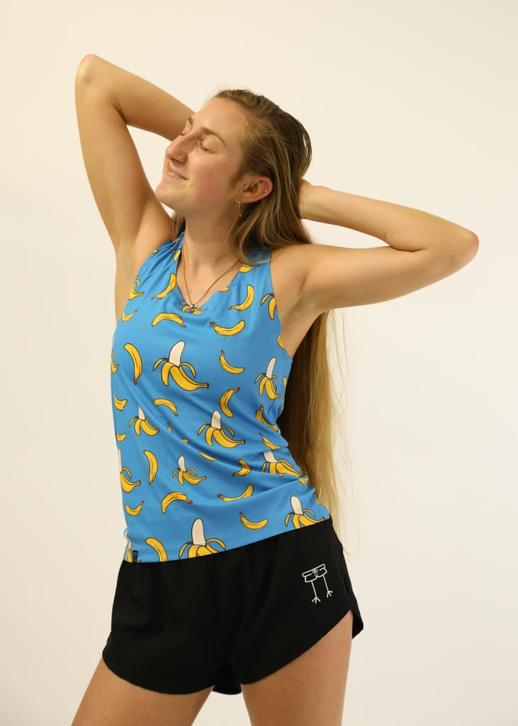 Front view of the women's blue bananas performance running singlet from ChicknLegs.