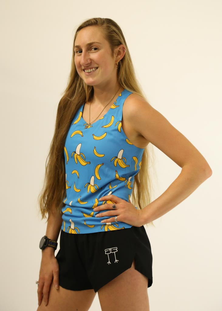 Side view of the women's blue bananas performance running singlet from ChicknLegs.