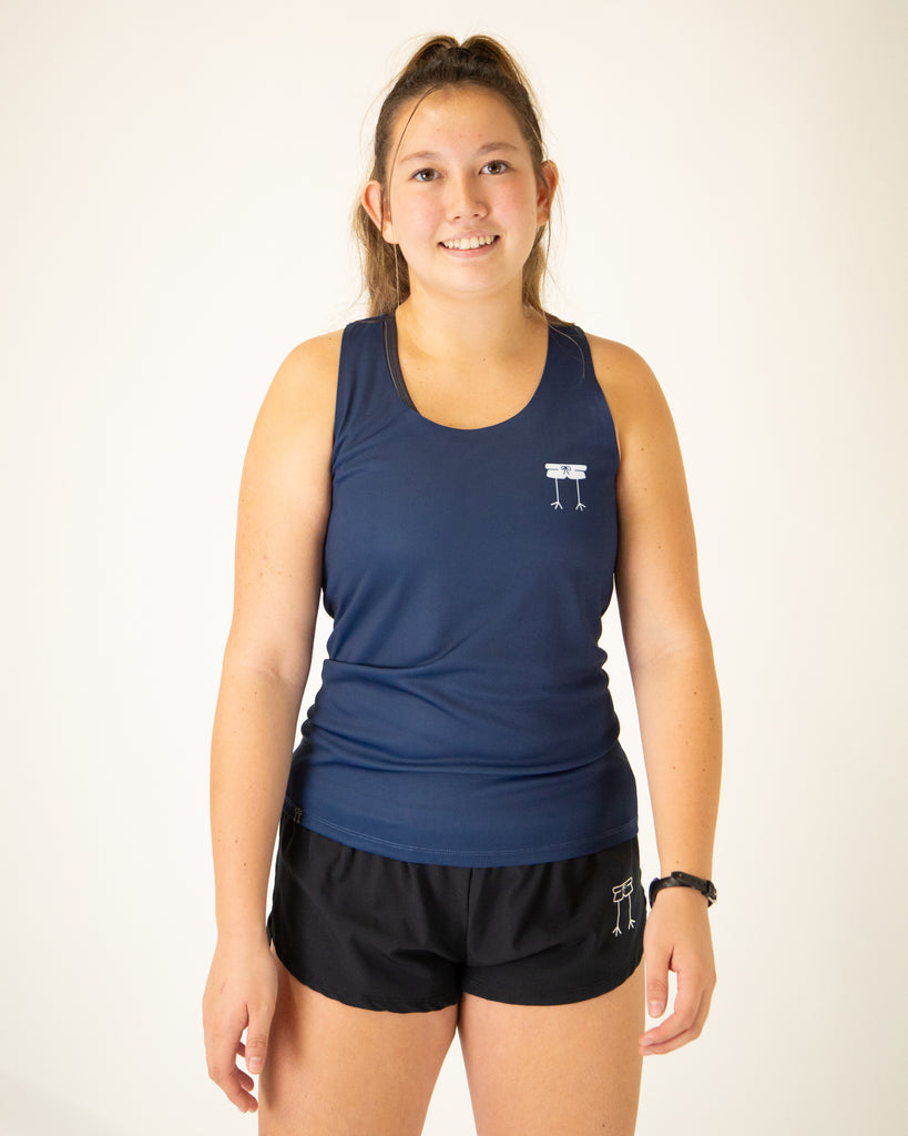 Runner is wearing ChicknLegs in the women's performance singlet in the solid navy design.