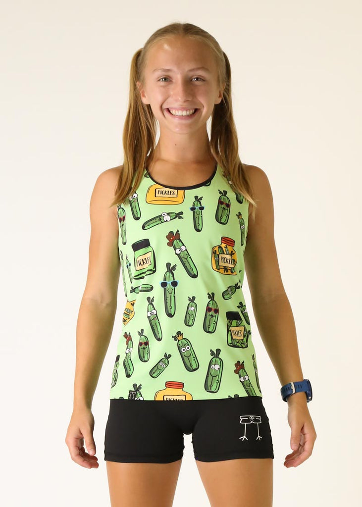 Model is wearing Chicknlegs women's singlet in the pickles design facing front.