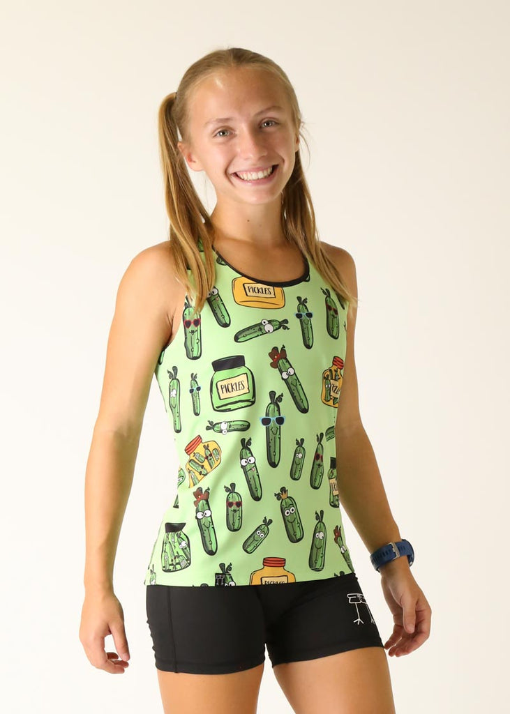 Model is wearing Chicknlegs women's singlet in the pickles design facing right for side view.