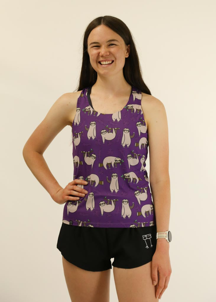 Front view of the women's sloths performance running singlet from ChicknLegs.