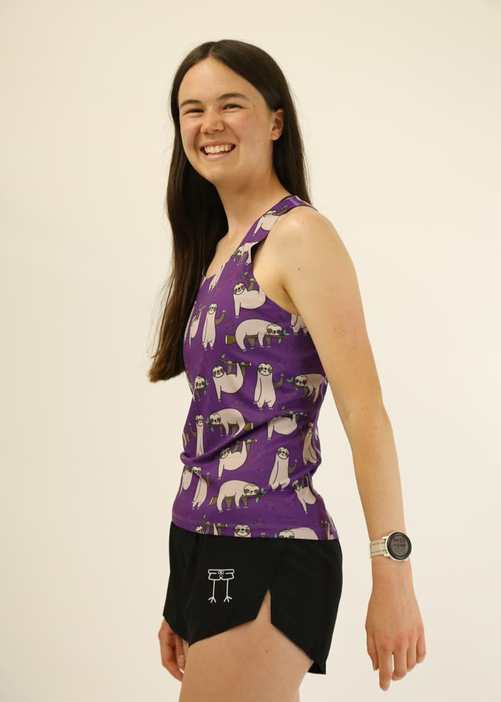 Side view of the women's sloths performance running singlet.
