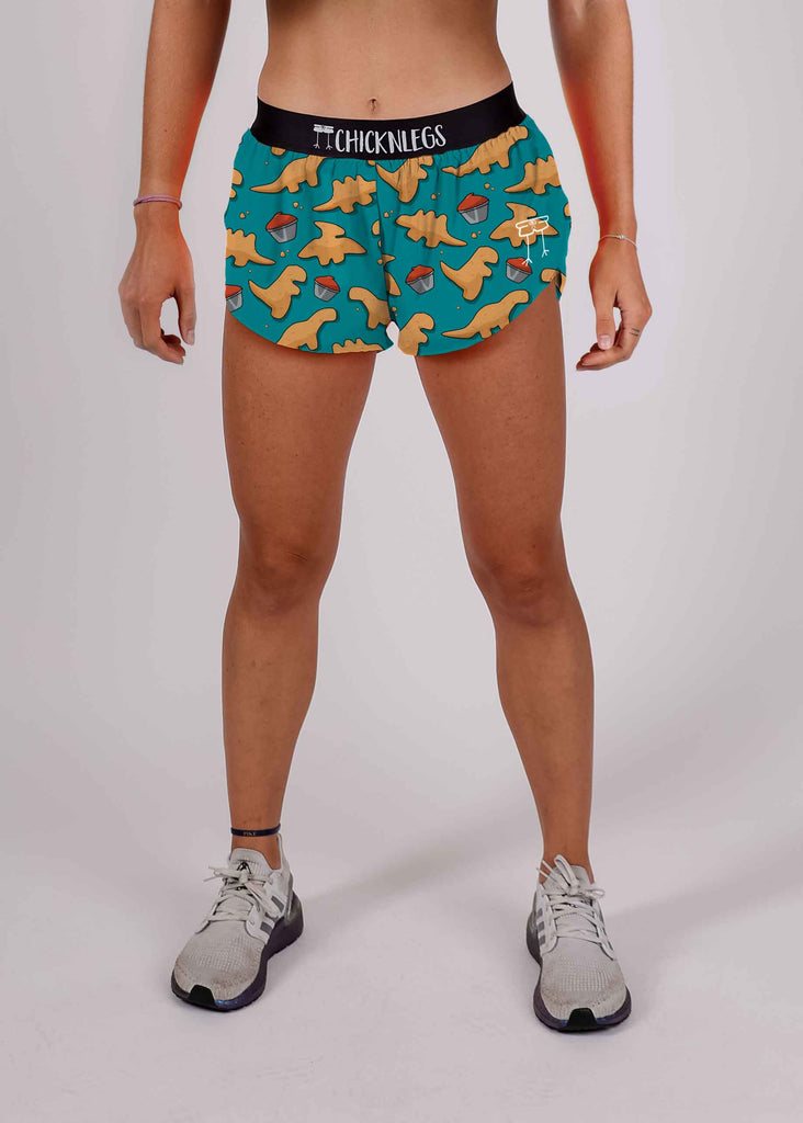 chicknlegs womens 1.5 split shorts dino nuggets front