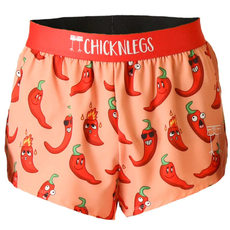 Chicknlegs men's 2 inch split running shorts in the chase pack chili pepper design, a ghost image is shown.