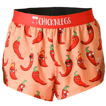 Chicknlegs men's 2 inch split running shorts in the chase pack chili pepper design, a ghost image is shown.