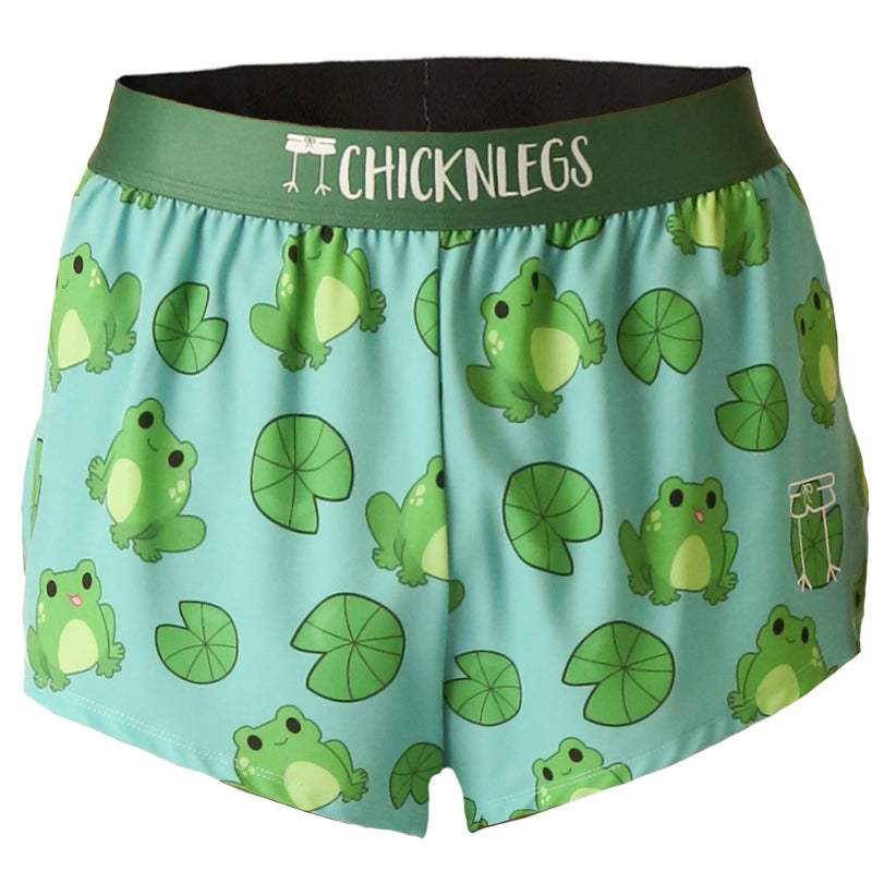 Men's 2 inch split running short in the fartlek frog design, a ghost image is shown.