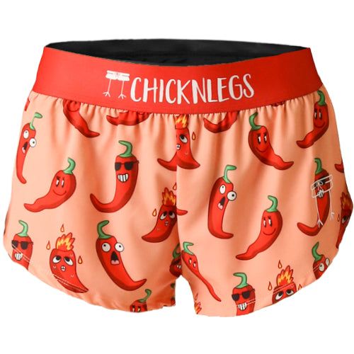 Chicknleg's women's 1.5 inch split running shorts of the chase pack chili pepper design, a ghost image is shown.