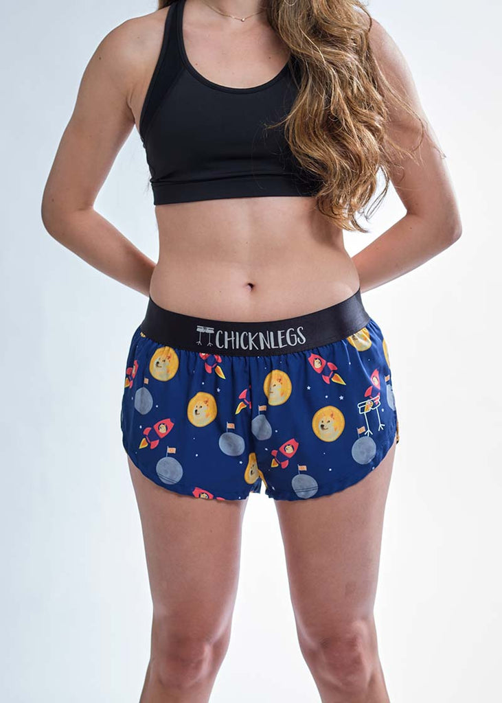 Front closeup view of the women's crypto 1.5" split running shorts.